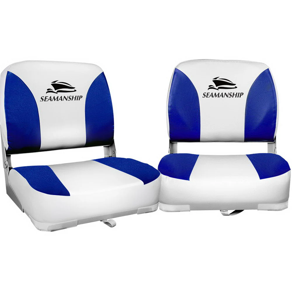 Set of 2 Folding Boat Seats Marine Swivel Low Back 13cm Padding White Blue - Nurns
