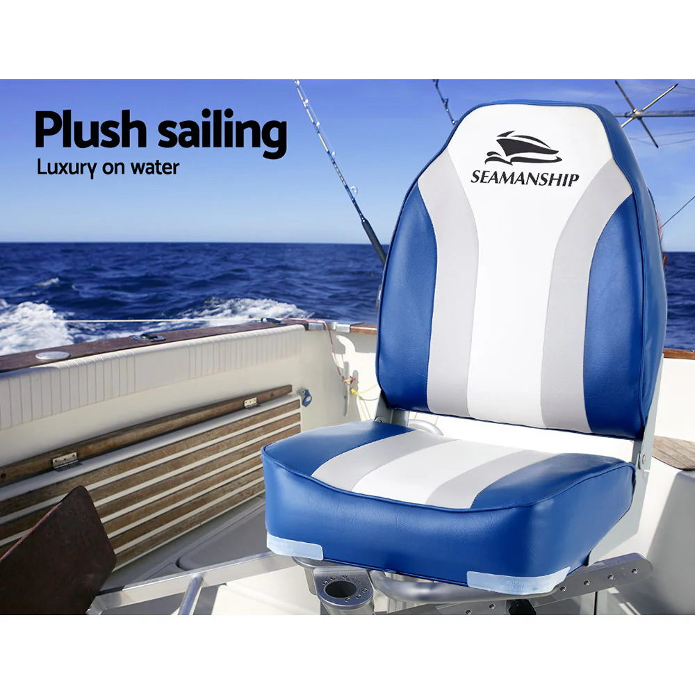 Set of 2 Folding Boat Seats Marine Seat Swivel High Back 12cm Padding Blue - Nurns