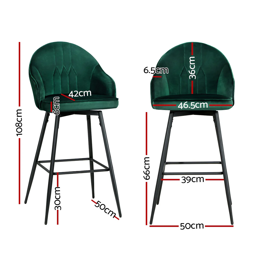 Set of 2 Munich Bar Stools Kitchen Stool Dining Chairs Velvet Chair Barstool - Green - Nurns