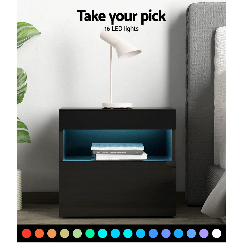 Pictou LED High Gloss Bedside Tables Side Table RGB LED High Gloss Nightstand - Black - Nurns