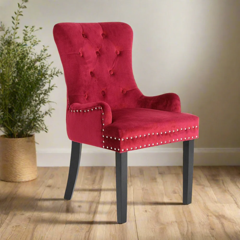 Arabella Set of 4 French Provincial Dining Chair Ring Studded Velvet Rubberwood Leg - Bordeaux Red - Nurns