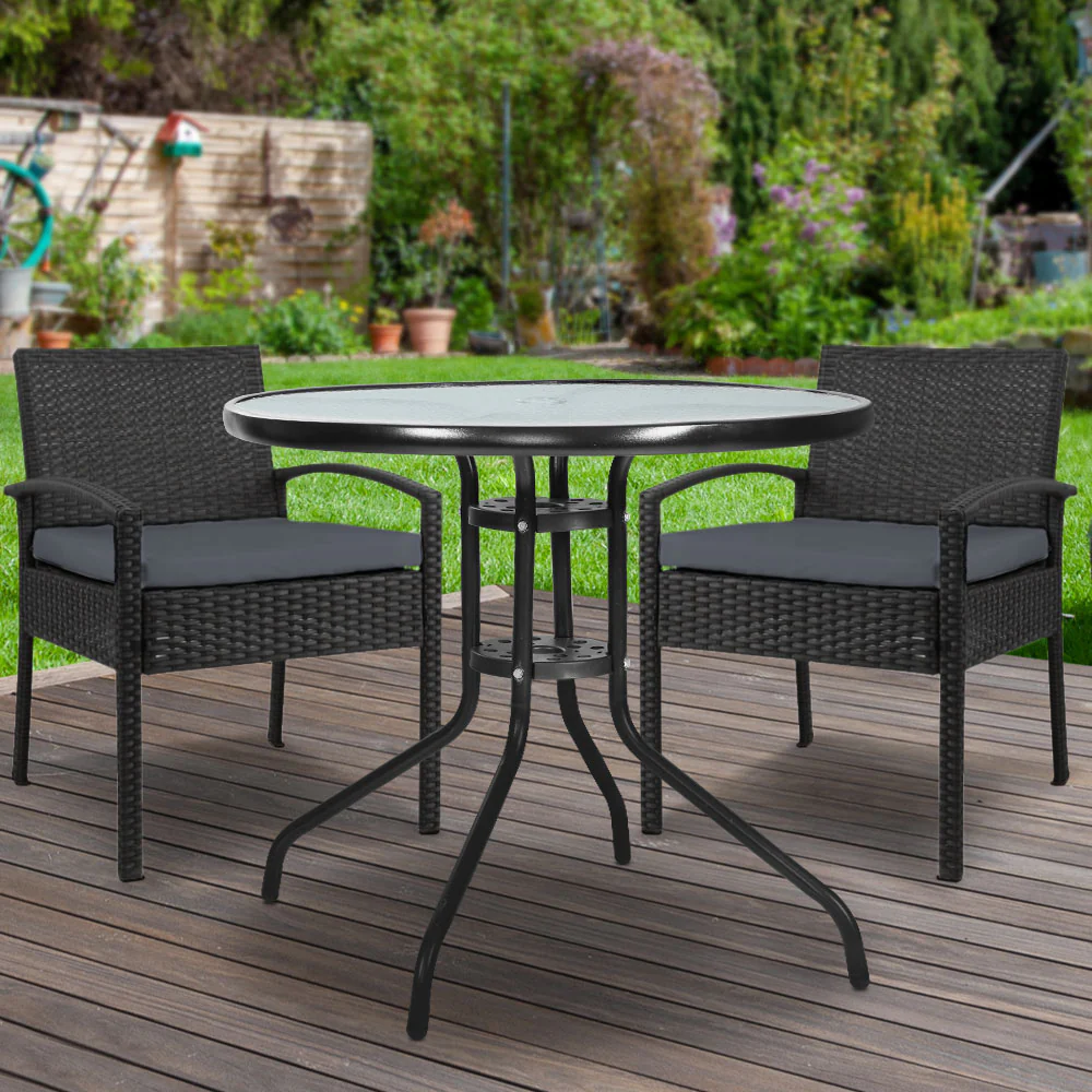Burgess 2-Seater Furniture Chairs Wicker Garden Patio Cushion Tea Coffee Cafe Bar 3-Piece Outdoor Sofa - Black - Nurns