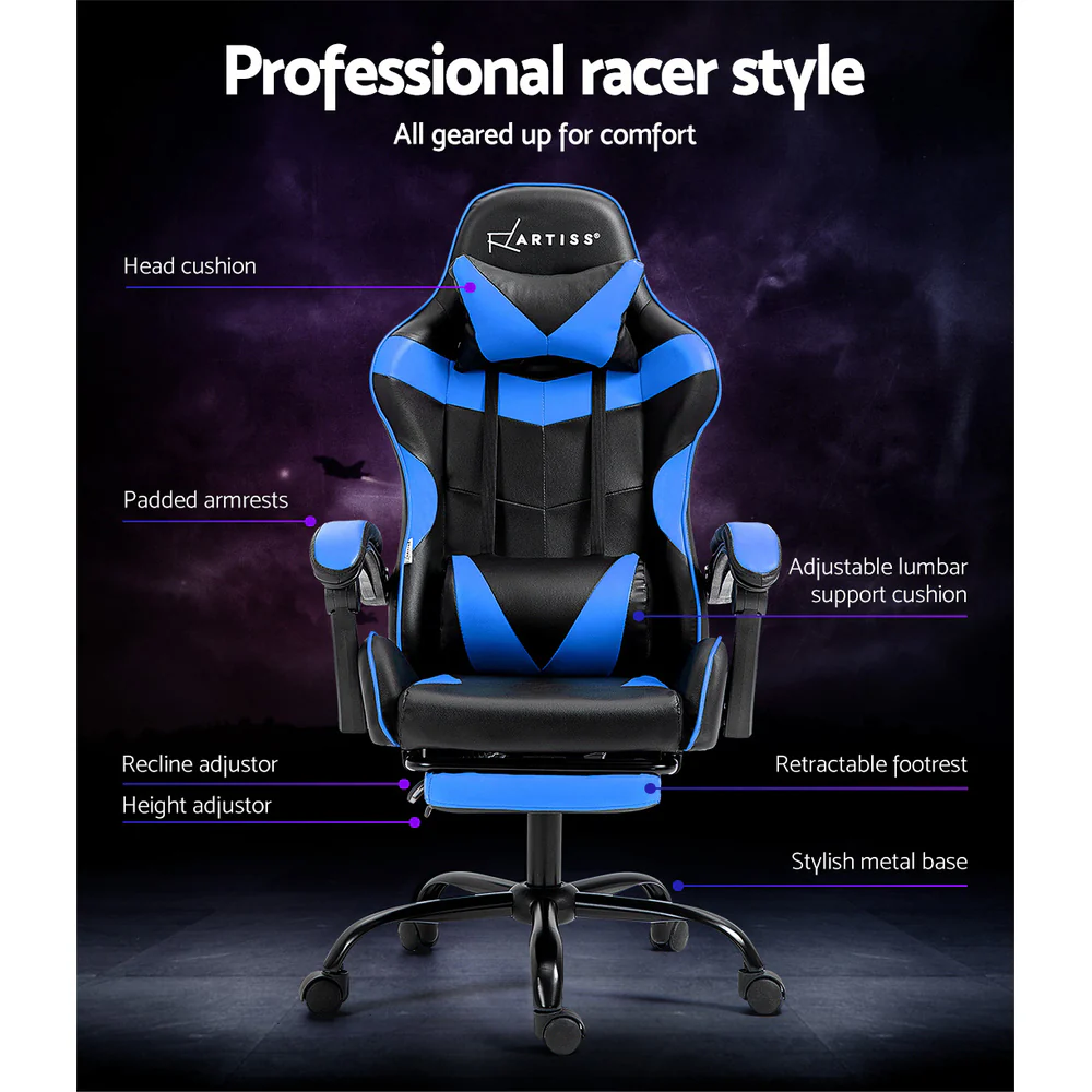 Artiss Gaming Office Chair Recliner Footrest Blue - Nurns