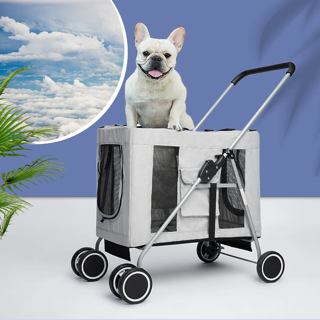Pet Stroller Dog Cat Puppy Pram Travel Carrier 4 Wheels Pushchair Foldable Grey - Nurns