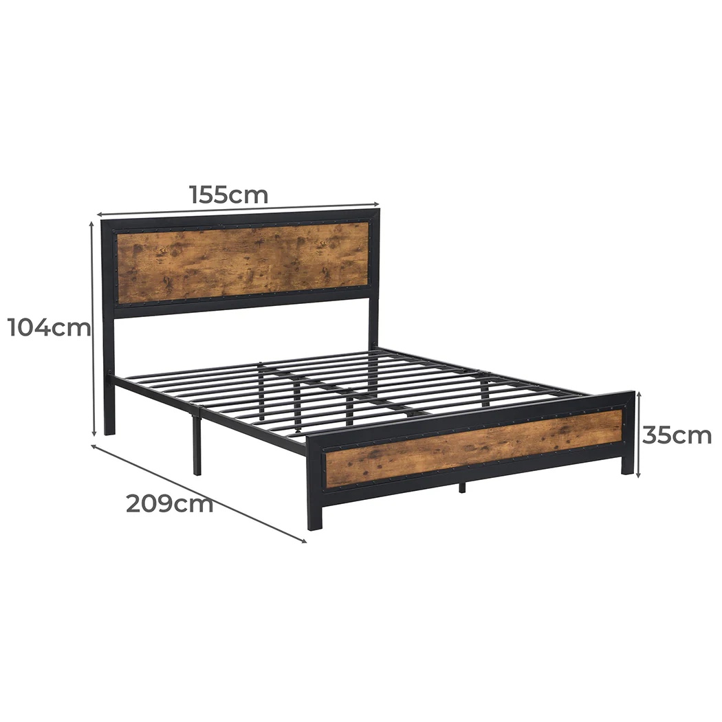 Elvira Metal Bed Frame Platform Wooden Rivets no Drawers - Black & Wood Queen - Nurns