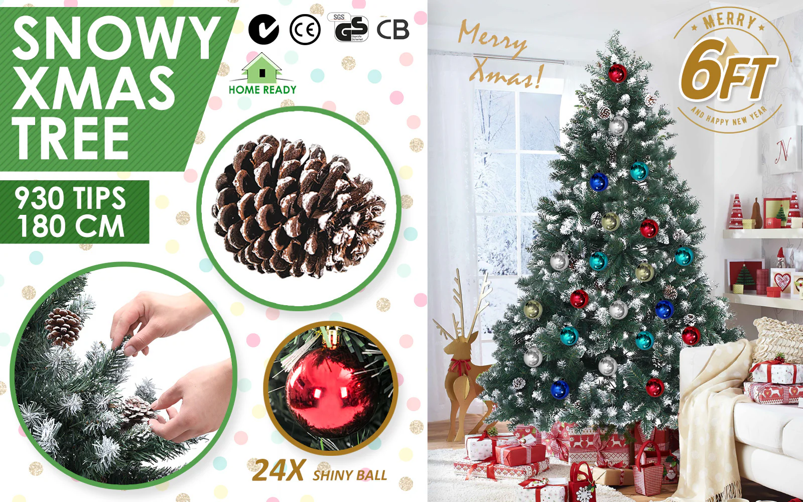 6ft 1.8m 930 Tips Snowy Christmas Tree Xmas Pine Cones + Bauble Balls Green - Nurns