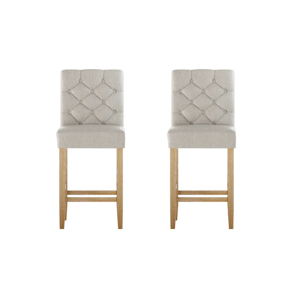 Set of 2 Khiva Bar Stools Kitchen Stool Wooden Linen Upholstered - Beige - Nurns