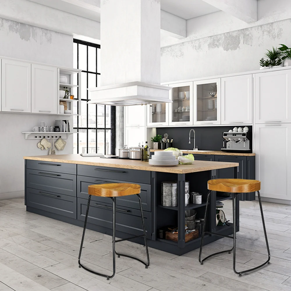 Set of 2 Reggio 65cm Elm Wood Backless Bar Stools - Black & Natural - Nurns