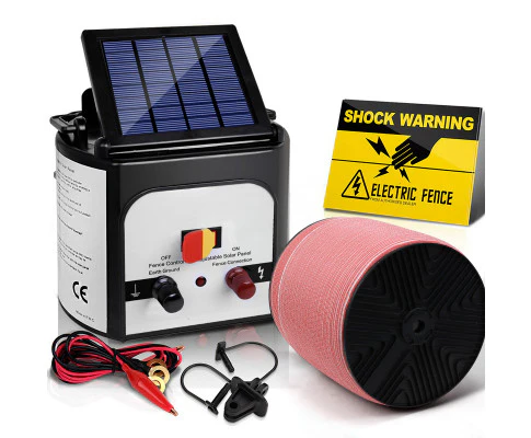 Electric Fence Energiser 8km Solar Powered Energizer Charger + 1200m Tape - Nurns