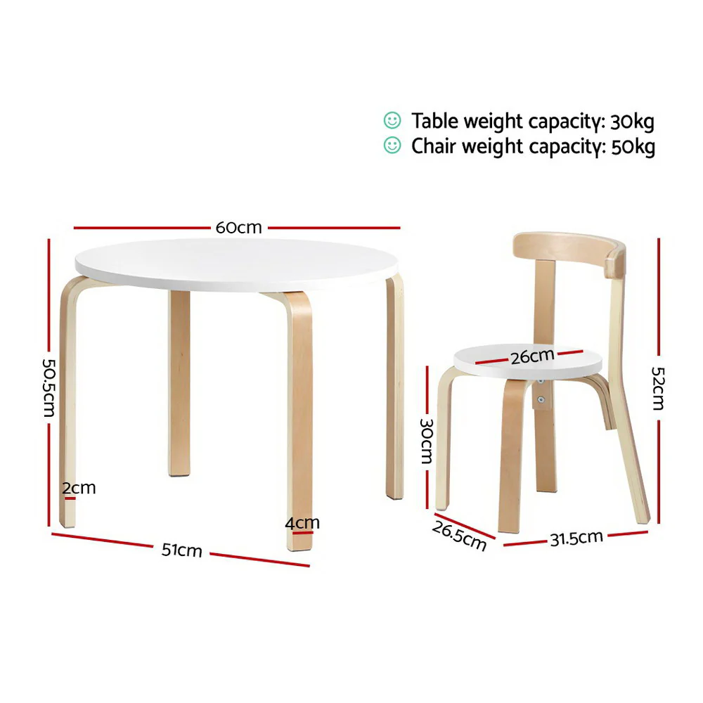 Paige 3-Piece Kids Table & Chairs Set Nordic Desk Activity Study Play Children Modern - White & Wood - Nurns