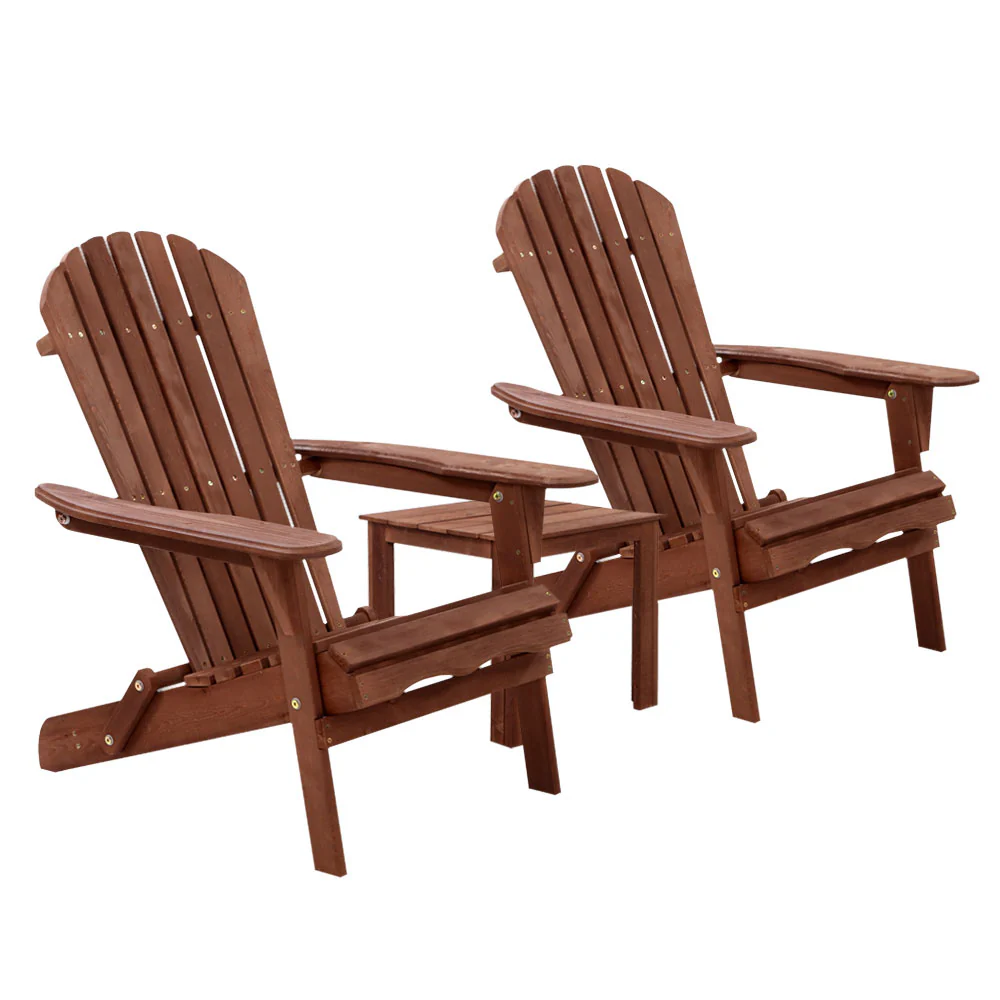Adirondack Gardeon 3PC Outdoor Table and Chairs Wooden Foldable Beach Chair Brown - Nurns