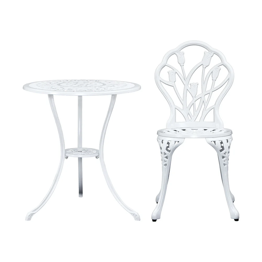 Ciaran 2-Seater Cast Aluminium Table Chair Patio 3-Piece Outdoor Setting - White - Nurns