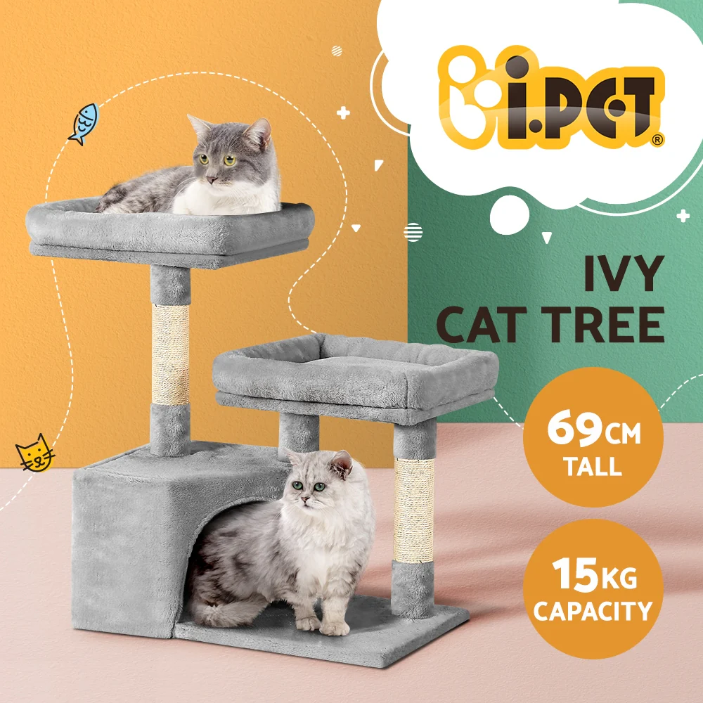 Cat Tree Tower Scratching Post Scratcher Wood Condo House Bed Trees 69cm - Grey - Nurns