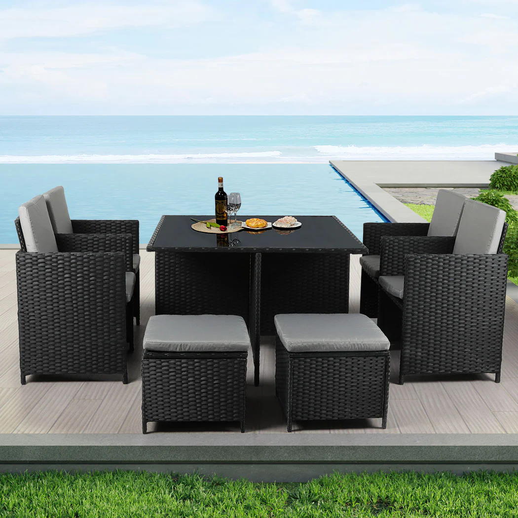 Jack 8-Seater Patio Furniture Dining Garden Lounge 9-Piece Outdoor Table And Chair Set - Black - Nurns