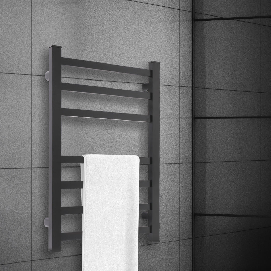 Heated Towel Rail Warmer Rack Wall Mounted - Black - Nurns