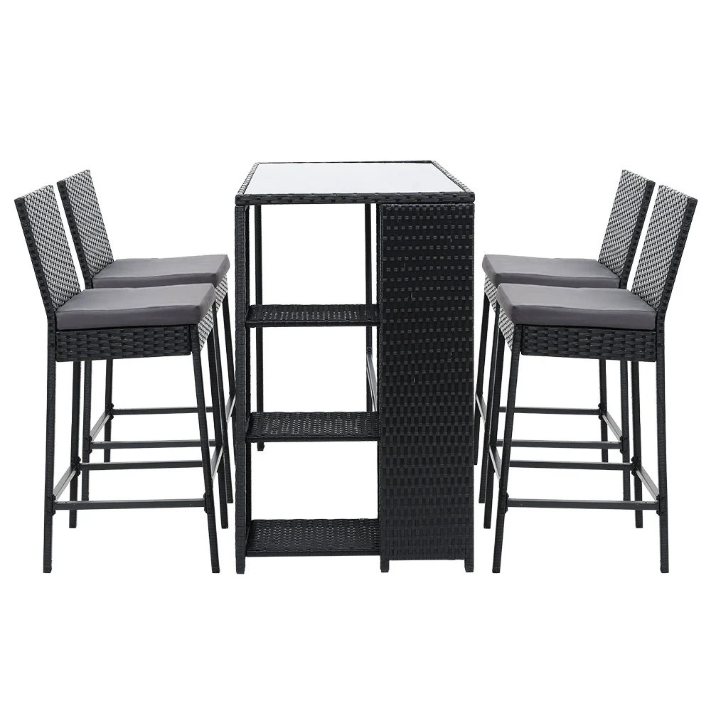 Mark 4-Seater Table Stools Furniture Chairs Wicker Patio Garden 5-Piece Outdoor Bar Set - Black - Nurns