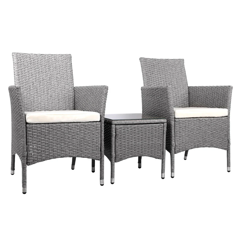 Noah 2-Seater Chair Side Table Furniture 3-Piece Wicker Outdoor - Grey - Nurns