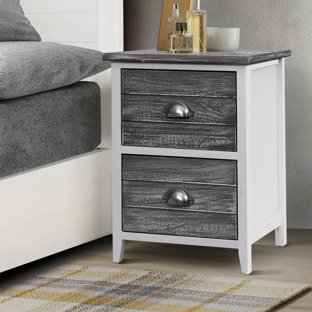 Set of 2 Basques Wooden Bedside Tables Nightstands Storage Cabinet Bedroom Side with 2 Drawers - Grey - Nurns