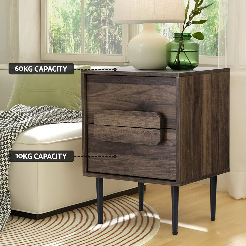Shawn Wooden Bedside Tables with 2 Drawers - Walnut - Nurns