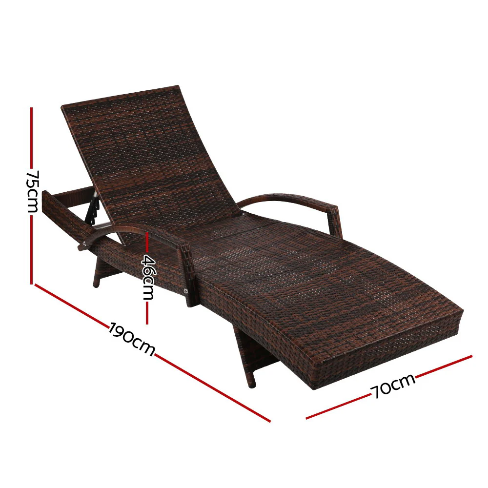 Ashby Set of 2 Outdoor Sun Lounge Wicker with Armrest Chair and Cushion - Brown - Nurns