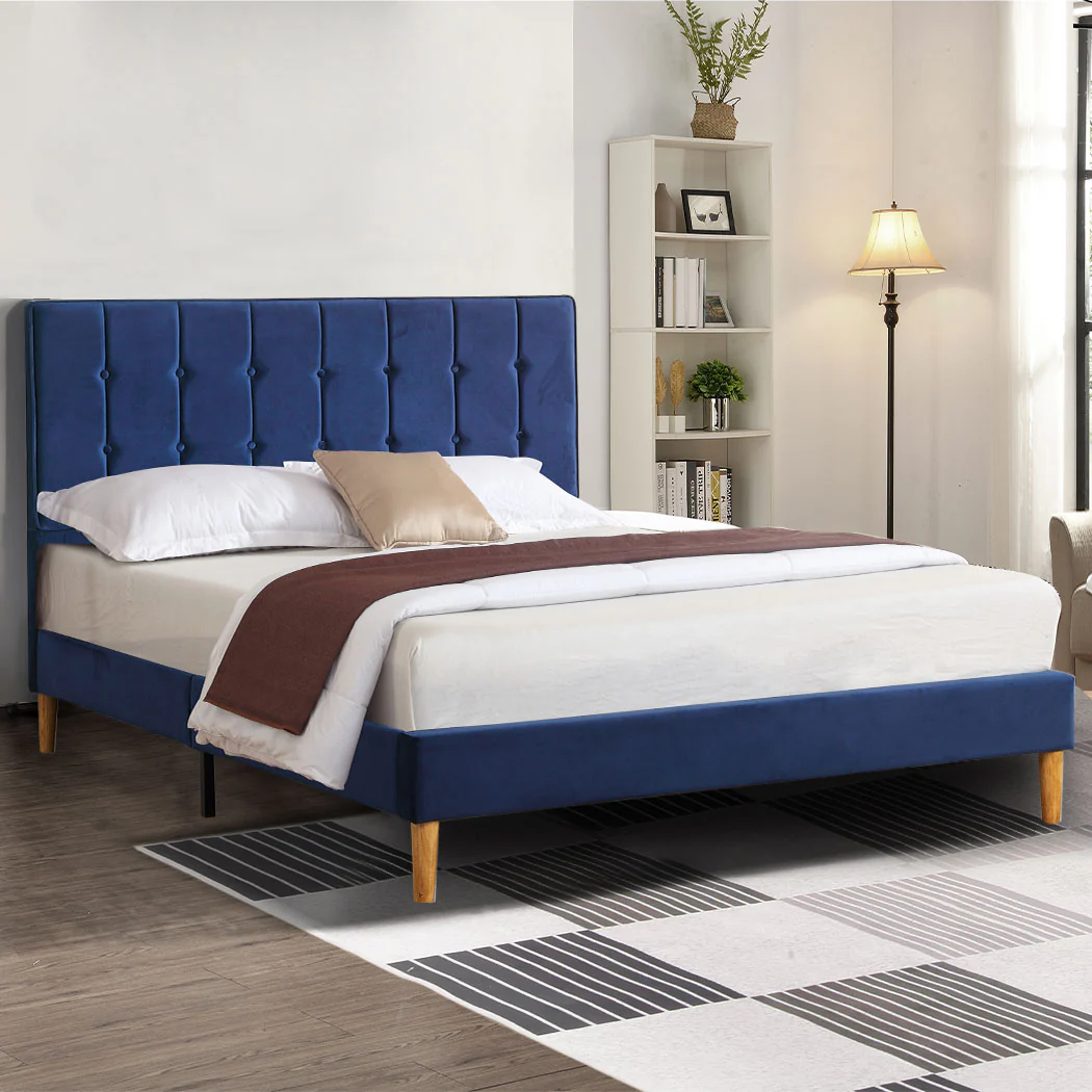 Venlo Bed Frame Base Platform Wooden Velvet with Headboard Blue - Double - Nurns
