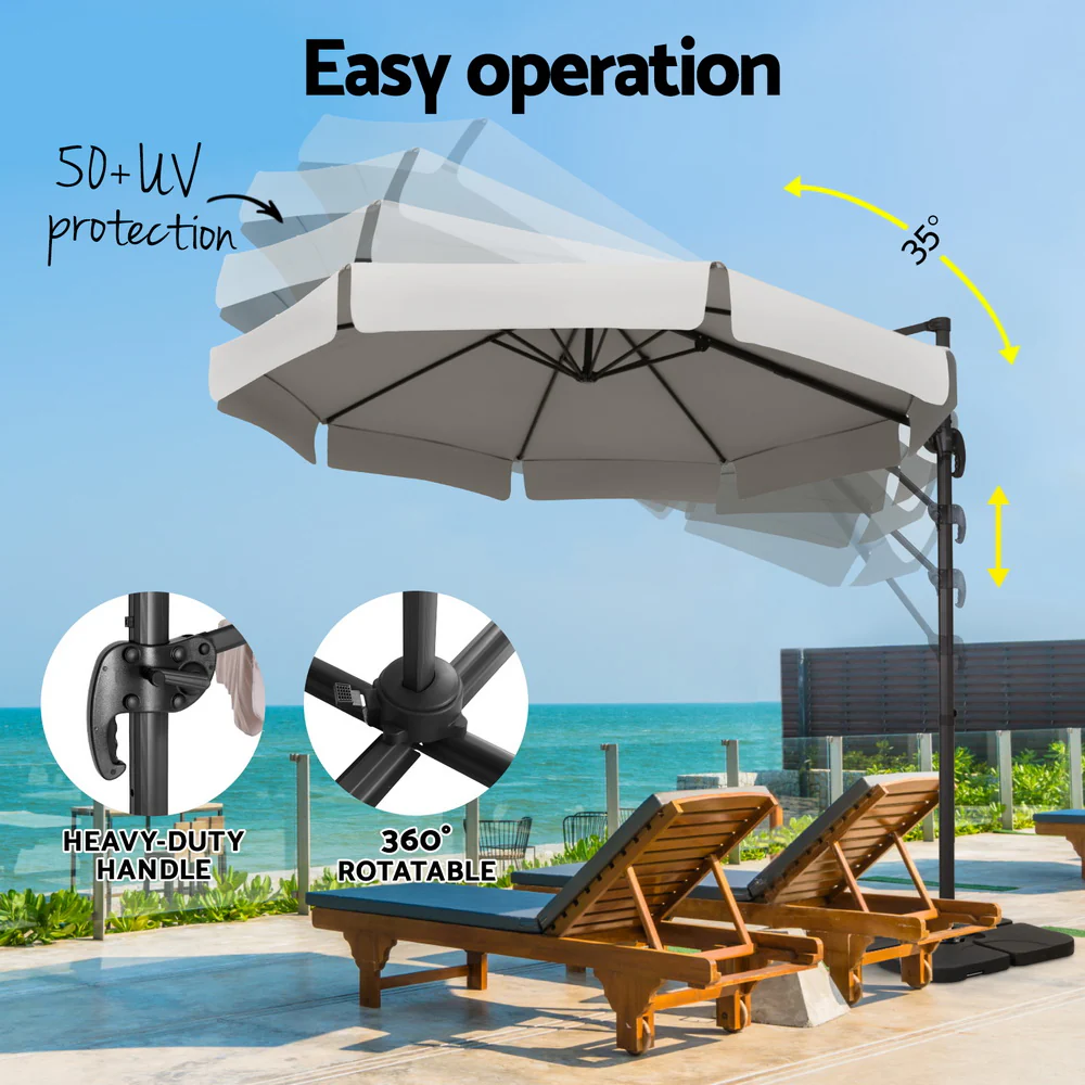 Instahut 3m Outdoor Umbrella w/Base Cantilever Beach Roma 360 Degree Tilt Grey - Nurns