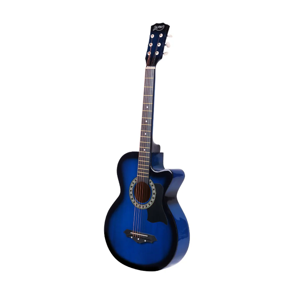 Alpha 38 Inch Acoustic Guitar Wooden Body Steel String Full Size w/ Stand Blue - Nurns