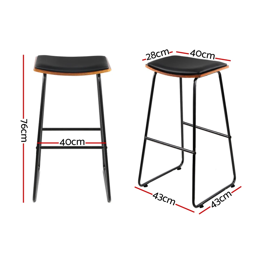 Set of 2 Tiel Backless PU Leather Bar Stools - Black & Wood - Nurns
