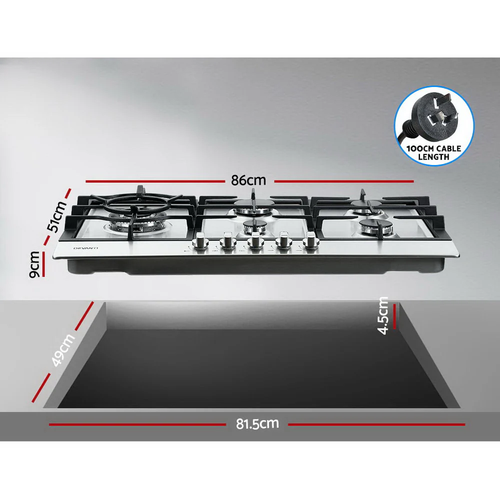 Devanti Gas Cooktop 90cm 5 Burner Silver - Nurns