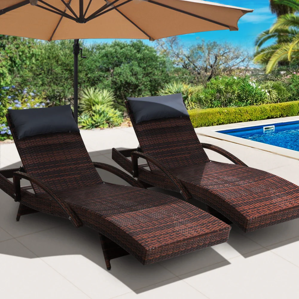 Silsden Set of 2 Outdoor Sun Lounge Wicker with Armrest Chair and Pillow - Brown - Nurns