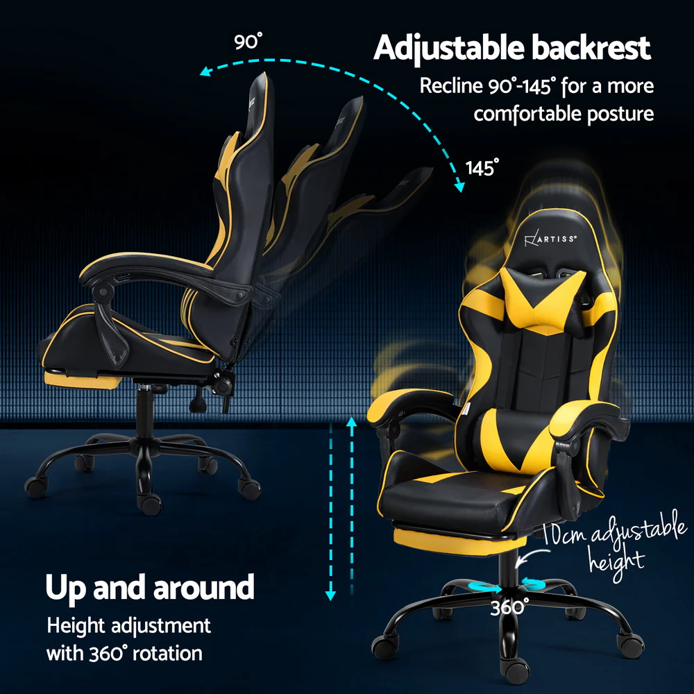 Artiss 2 Point Massage Gaming Office Chair Footrest Yellow - Nurns