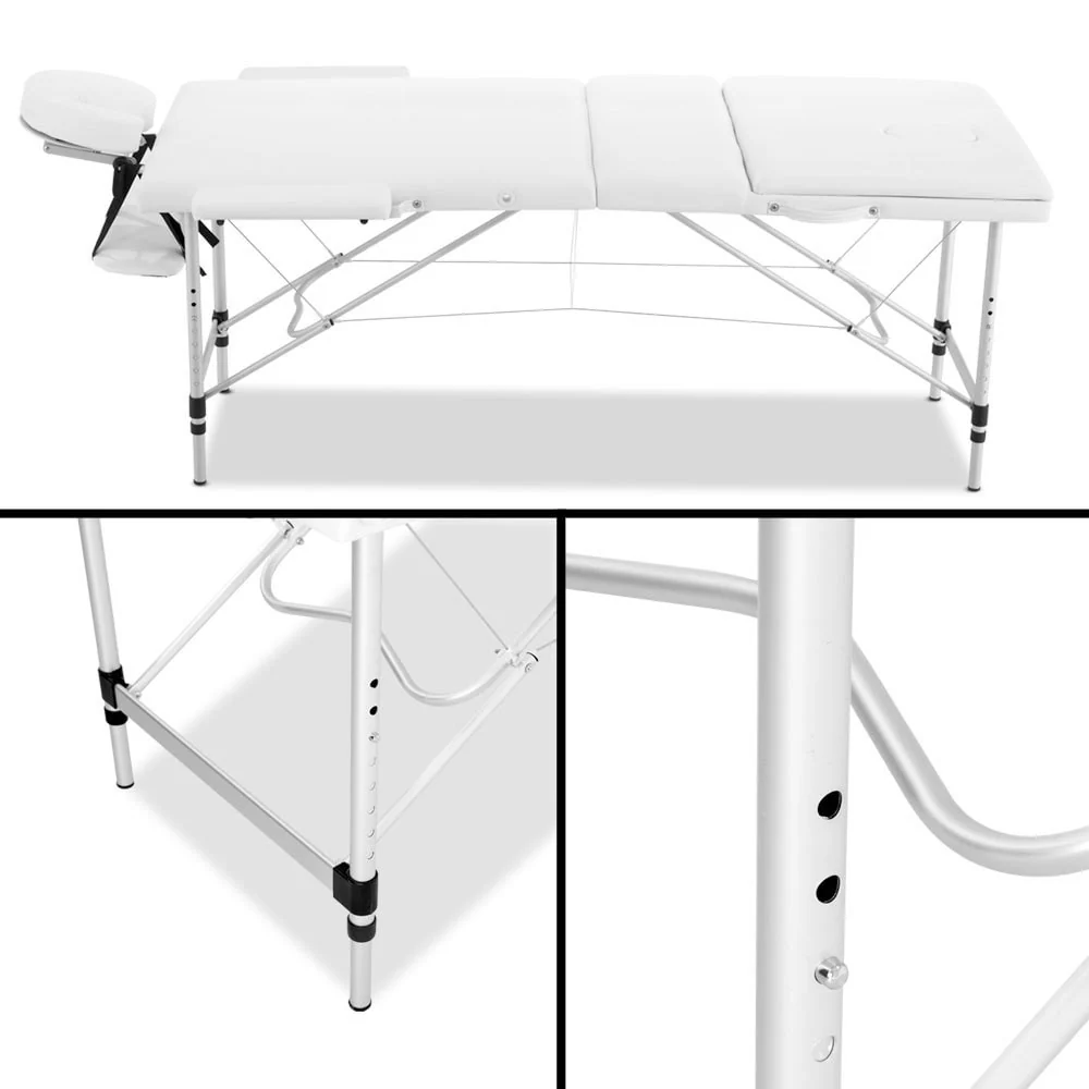 Massage Table 75cm 3 Fold Aluminium Beauty Bed Portable Therapy White - Nurns
