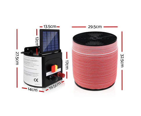 Electric Fence Energiser 3km Solar Powered Charger Set + 2000m Tape - Nurns