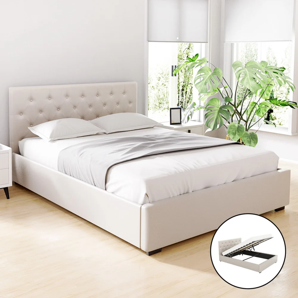 Samara Gas Lift Bed Frame - Beige Queen - Nurns