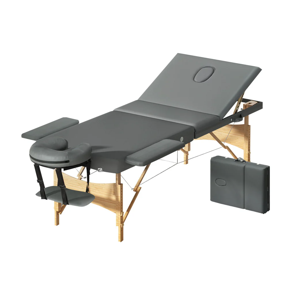 Massage Table 75cm 3 Fold Wooden Portable Beauty Therapy Bed Waxing Grey - Nurns