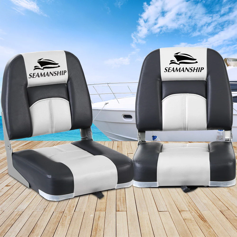Set of 2 Folding Boat Seats Marine Seat Swivel Low Back 10cm Padding Grey - Nurns
