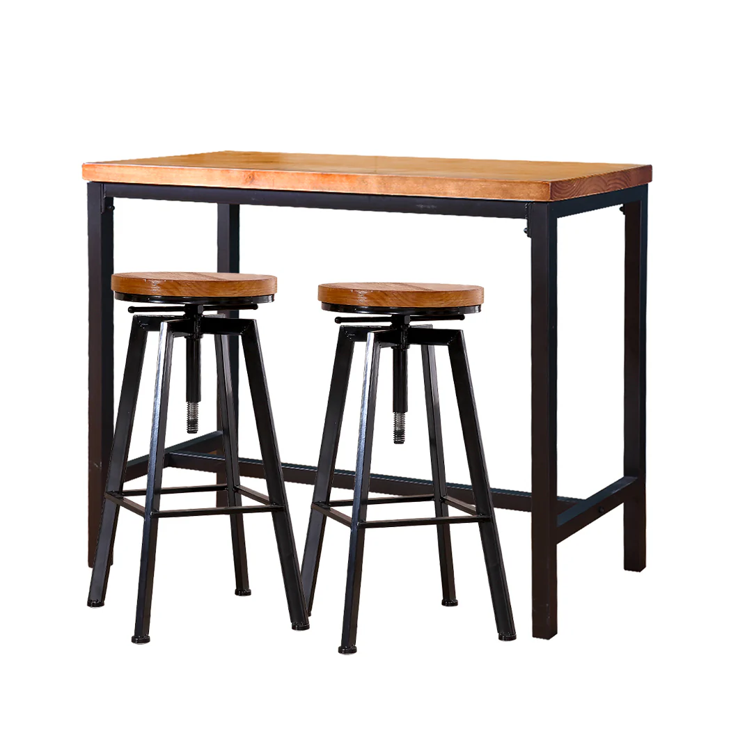 Set of 3 Potenza Industrial Pub Table & Bar Stools Wood Chair Set Home Kitchen Furniture - Black & Wood - Nurns