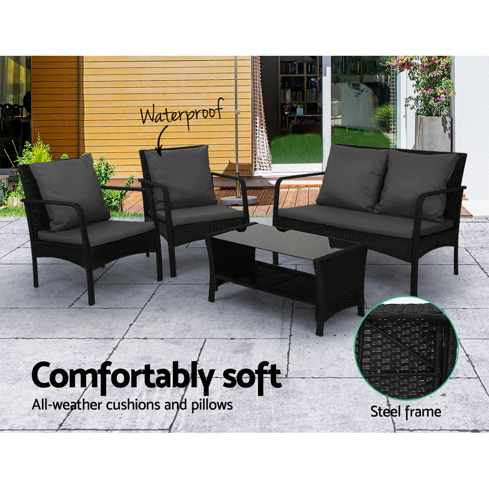 Camborne 4-Seater Furniture Lounge Wicker 4-Piece Outdoor Sofa - Black - Nurns