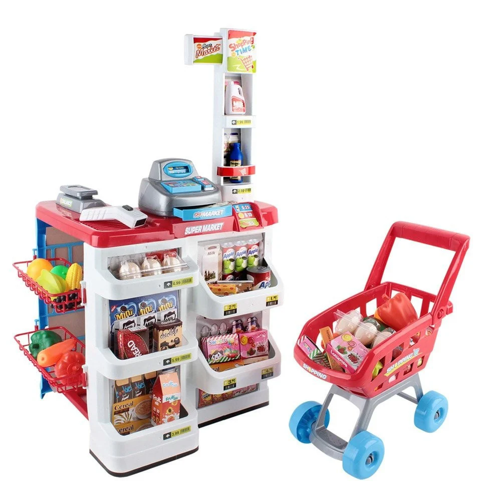 Kids Pretend Role Play Supermarket 24 Piece Playset Cash Register Trolley - Nurns