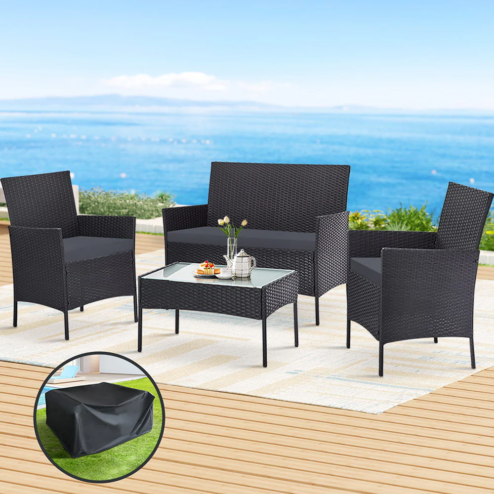 Justin 4-Seater Wicker Table Chair 4-Piece Outdoor Sofa Set with Storage Cover - Dark Grey - Nurns