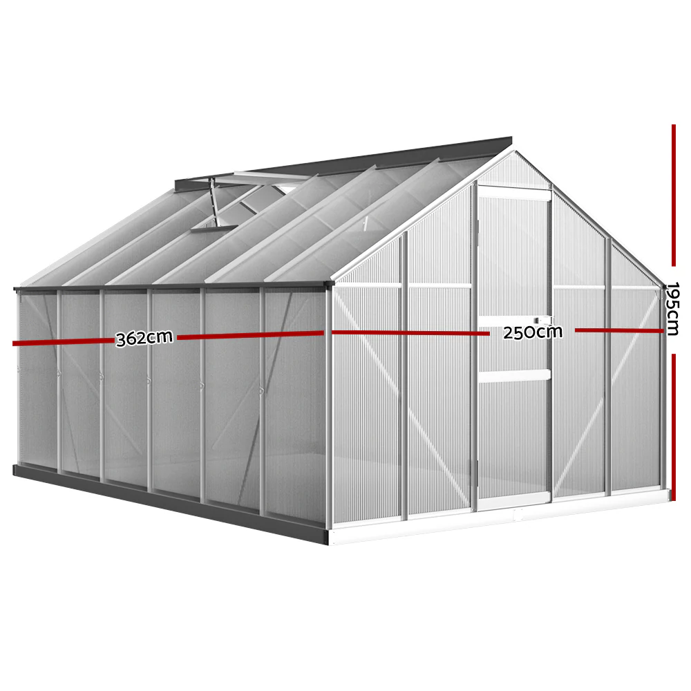 Greenfingers Greenhouse 3.6x2.5x1.95M Aluminium Polycarbonate Green House Garden Shed - Nurns