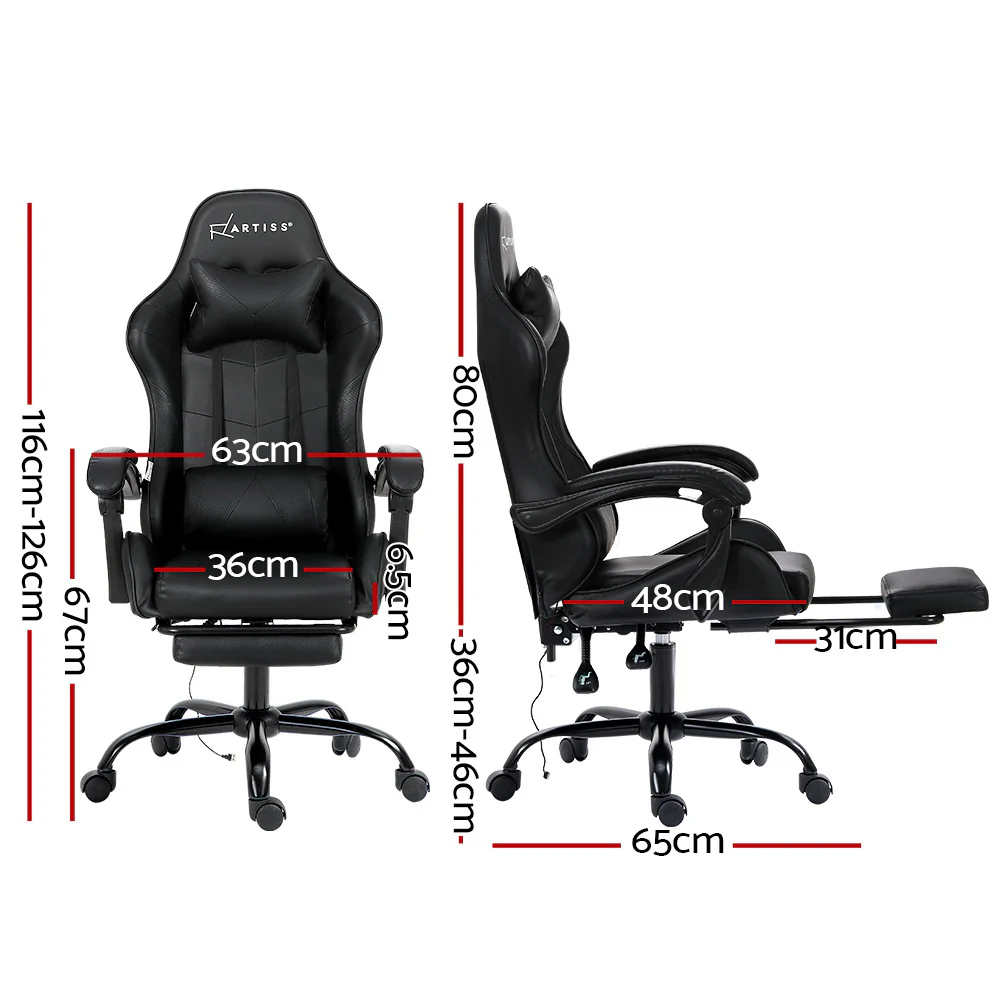 Artiss 2 Point Massage Gaming Office Chair Footrest Black - Nurns