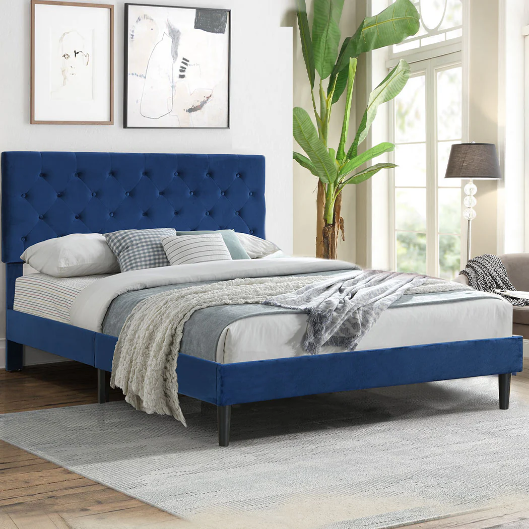 Assen Bed Frame Base Platform Wooden Velvet with Headboard Blue - Double - Nurns