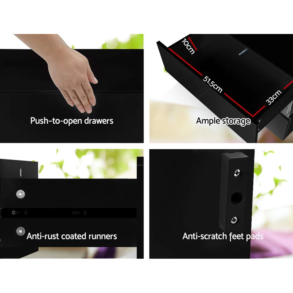 Granby LED High Gloss Bedside Tables RGB LED Side Nightstand High Gloss Cabinet with 2 Drawers - Black - Nurns