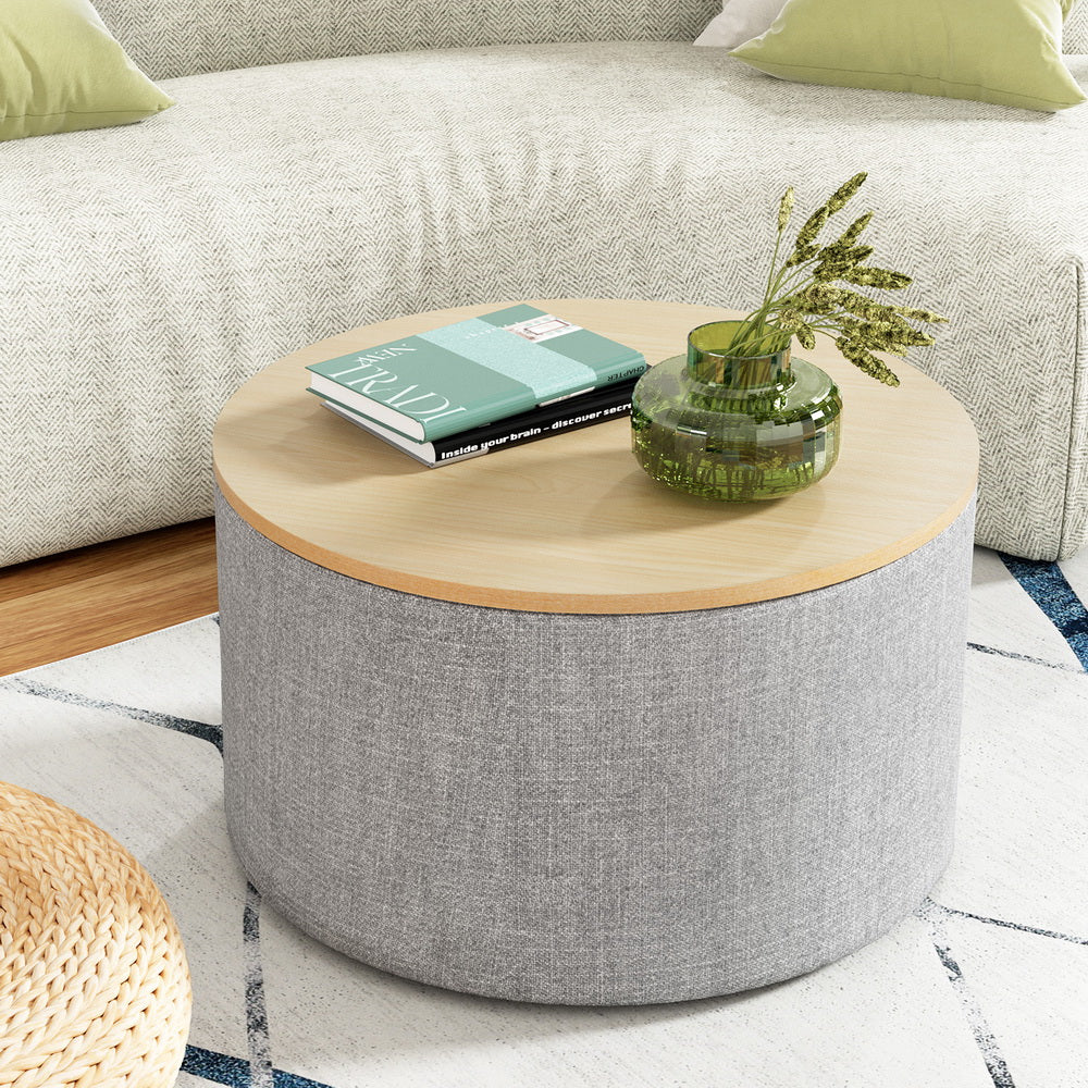Storage Ottoman Blanket Box 60cm Linen Round - Grey - Nurns