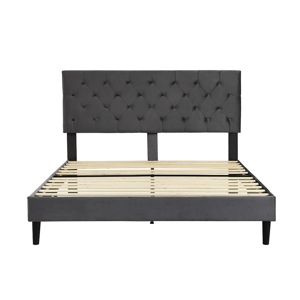 Assen Bed Frame Base Platform Wooden Velvet with Headboard Grey - Queen - Nurns