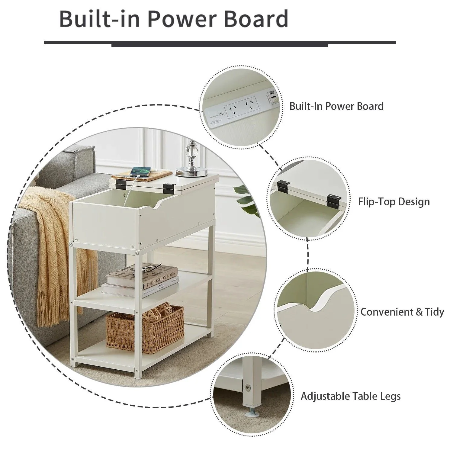 Robson Bedside Tables Multi-Tier with Powerboard - White - Nurns