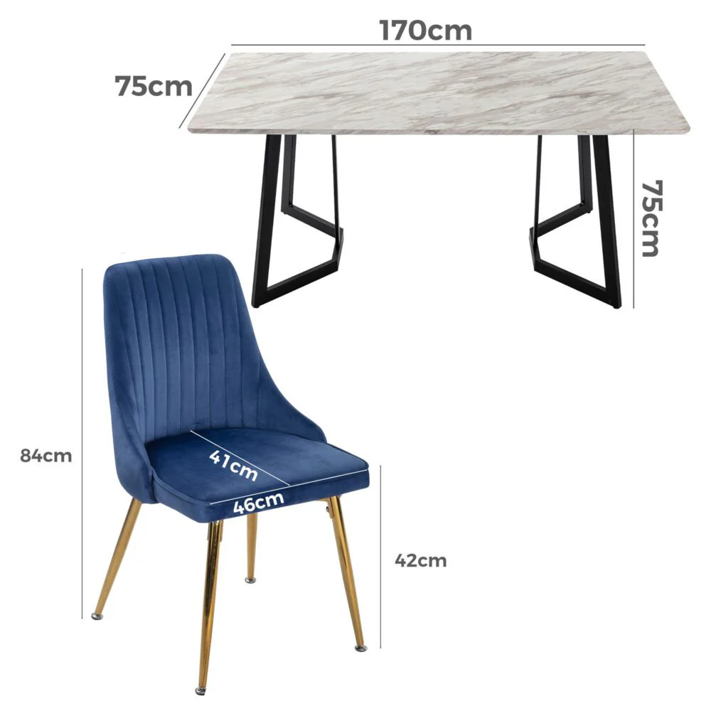 6-Piece Zelma Blue Dining Table & Chair Set Marble Bliss Velvet - Nurns