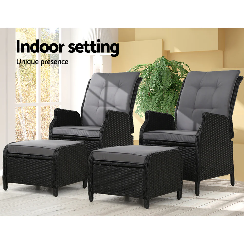 Yeovil Set of 2 Recliner Chair Outdoor Furniture Setting Patio Wicker Sofa Chair and Ottoman - Black - Nurns