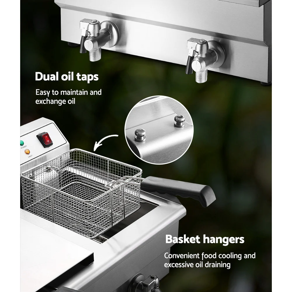 Devanti 20L Electric Commercial Deep Fryer Double Baskets Oil Taps 6000W - Nurns